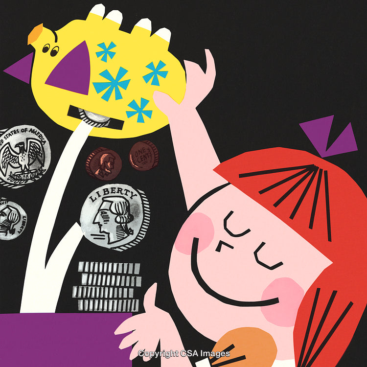 Illustration of a Child Saving Coins in a Vibrant Piggy Bank