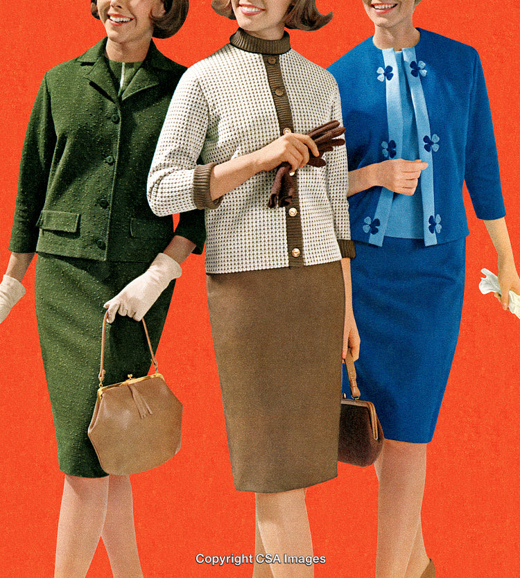 Retro Fashion Models Showcasing 1960s Vintage Styling on Vibrant Backdrop