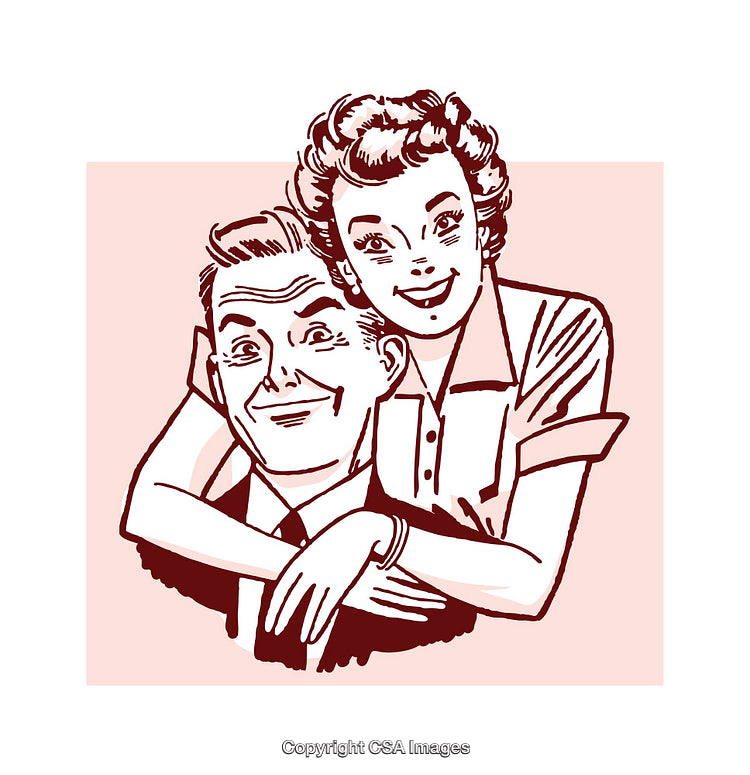 Vintage Illustration of Happy Couple Embracing in Retro Style Art