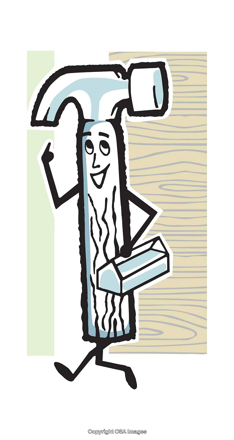 Cartoon Hammer Illustration with Playful Expression and Wooden Background