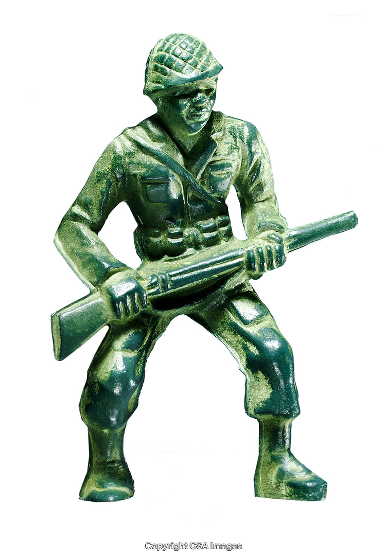 Green Toy Soldier Figurine Holding a Rifle in a Dynamic Action Pose