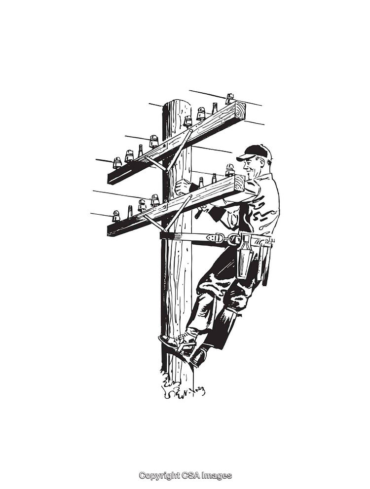 Black and White Line Drawing of Lineman Working on Utility Pole
