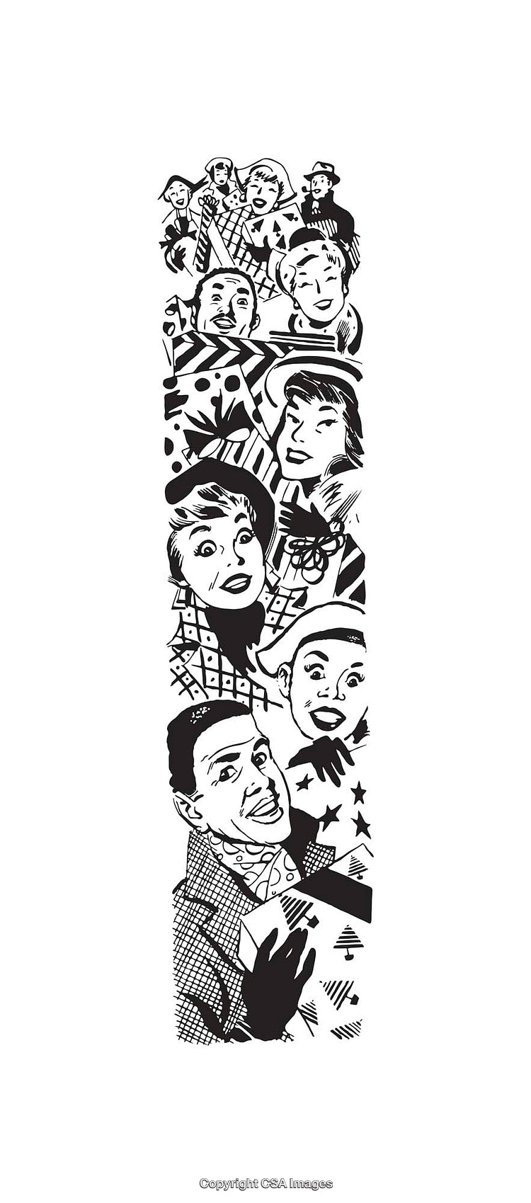 Vintage Black and White Collage of Expressive Human Figures in Line Art