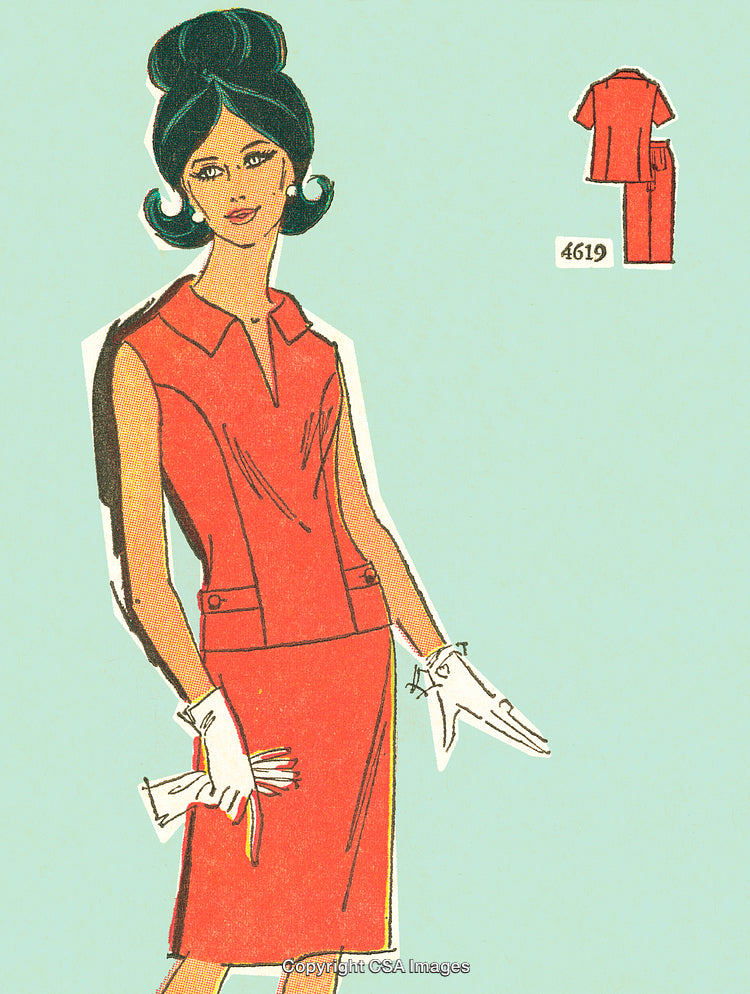 Vintage Illustration of Woman in Fashionable Dress Outfit With White Gloves