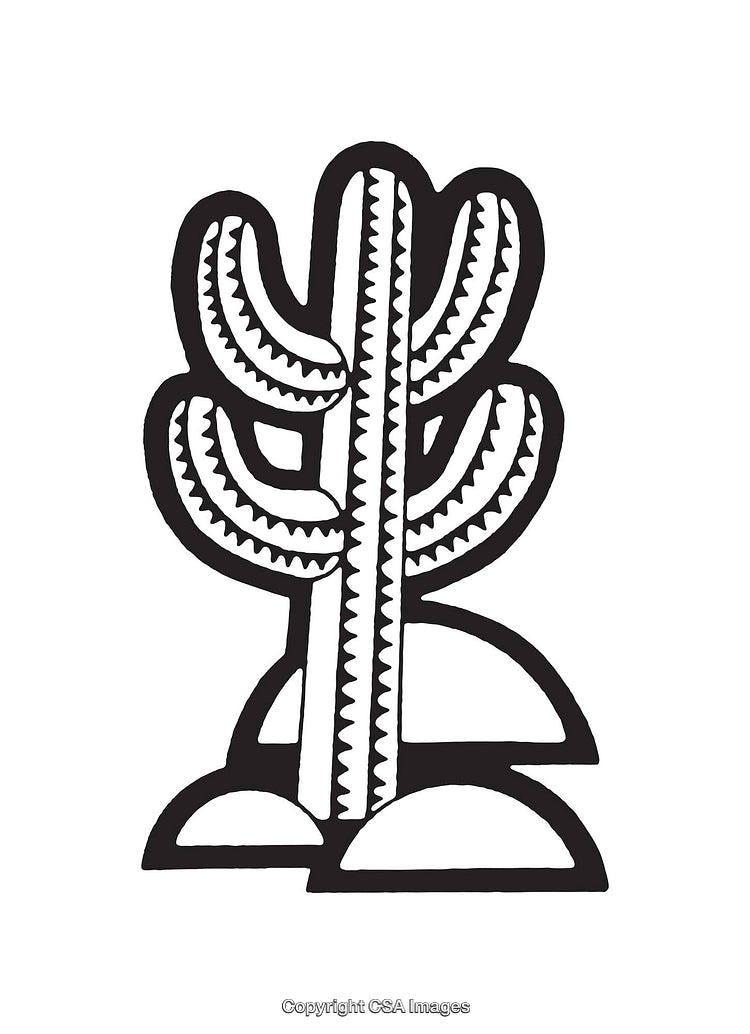 Black and White Line Art Illustration of a Stylized Cactus Design