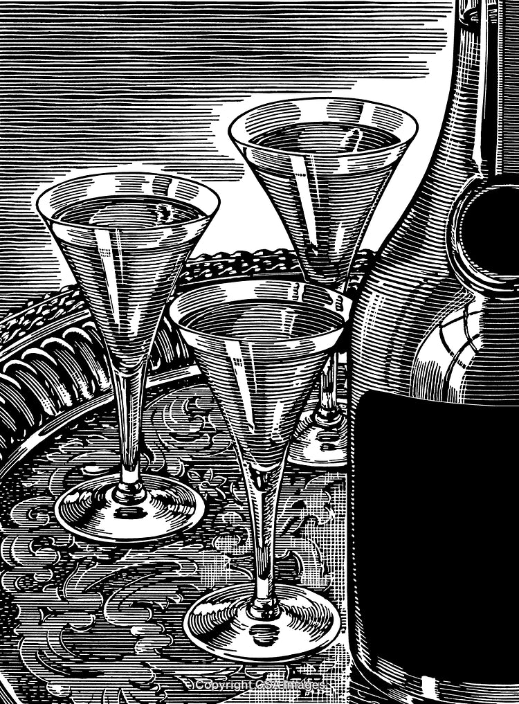 Detailed Black and White Engraving of Wine Glasses and Bottle