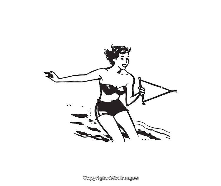 Vintage Style Line Art of Woman Engaged in Water Sports in Black and White