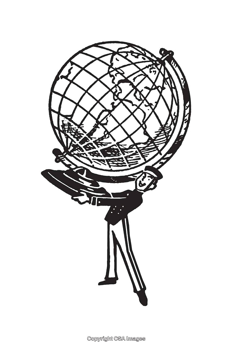 Black and White Line Art of Man Holding a Globe Depicting Earth