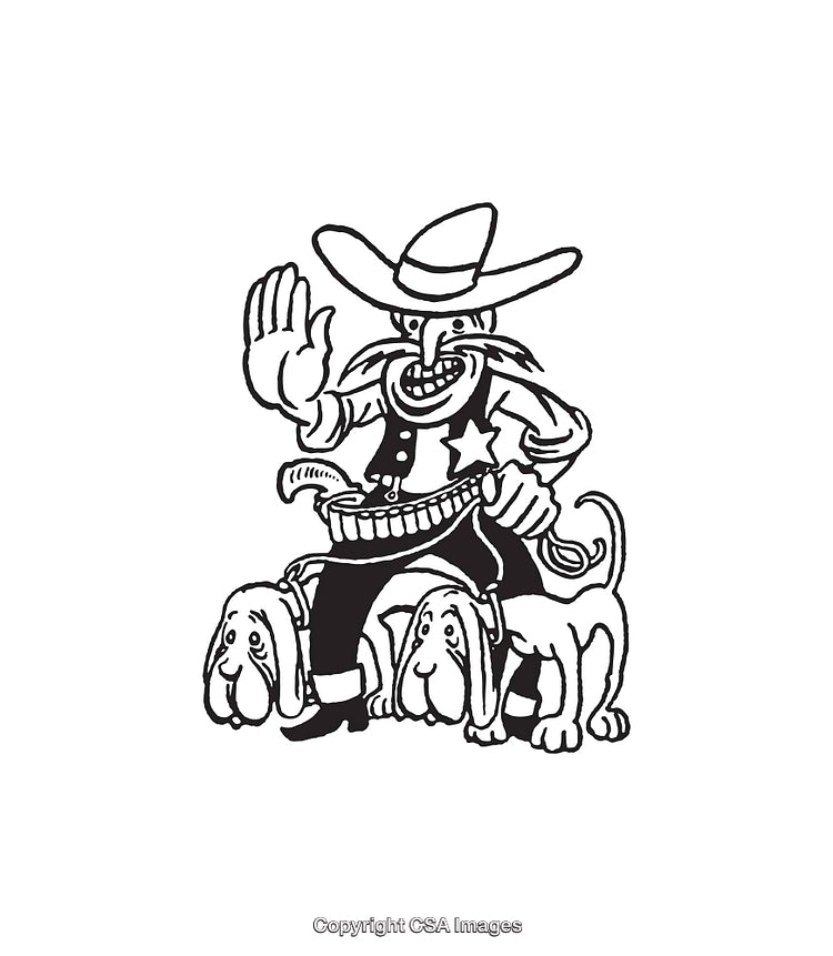 Cowboy Sheriff Illustration with Dogs in Black and White Line Art