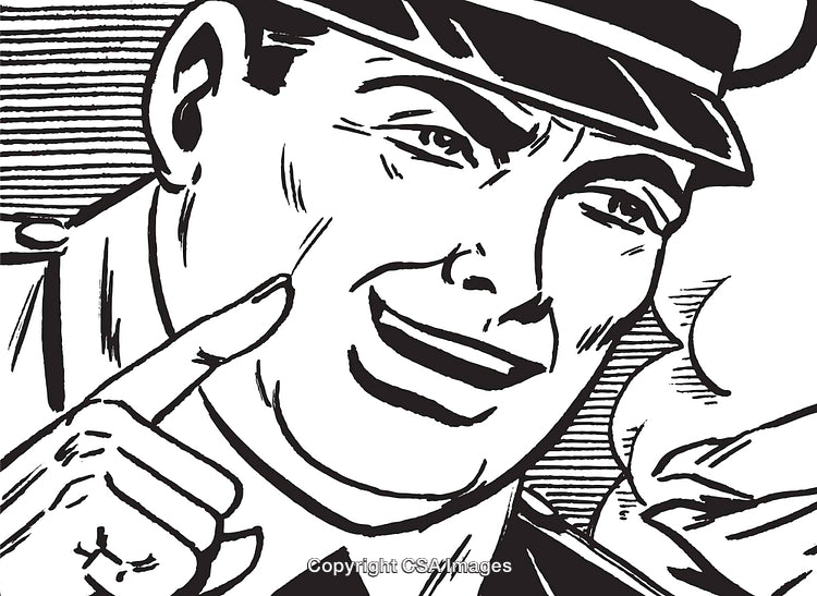 Retro Illustration of Smiling Police Officer in Black and White Sketch Style
