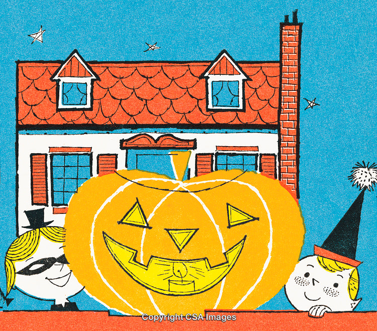 Vintage Halloween Illustration with Kids, Pumpkin, and Festive House in Background