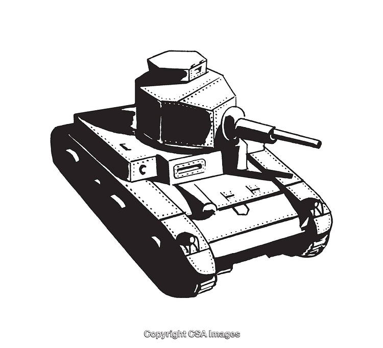 Black and White Line Illustration of a Vintage Armored Vehicle