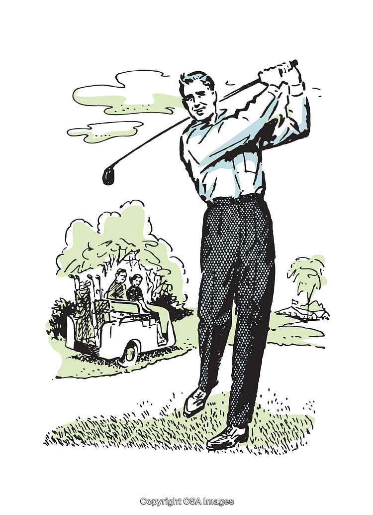 Vintage Illustration of a Man Playing Golf with Cart and Spectators Nearby