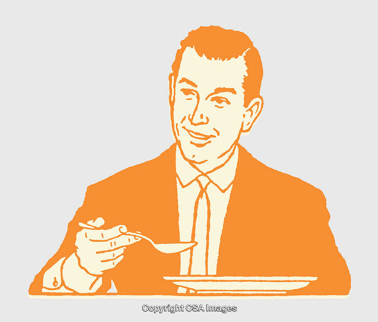 Vintage Line Art Illustration of a Businessman Eating Soup