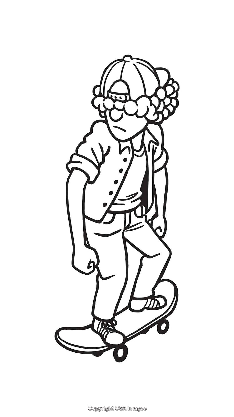 Black and White Illustration of Youth Riding a Skateboard in Motion