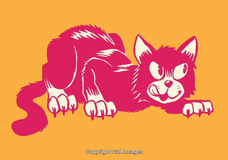 Bright Stylized Illustration of Playful Cat on Colorful Background