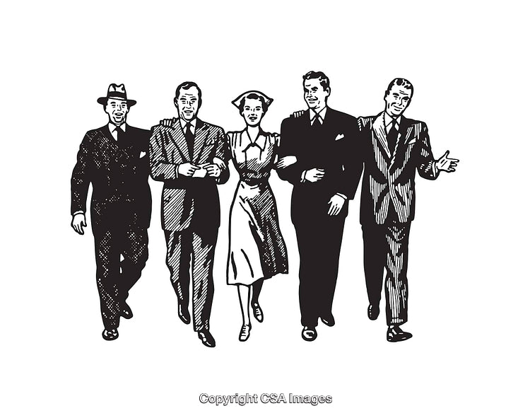 Retro Group of People Enjoying a Confident Walk in Black Line Art