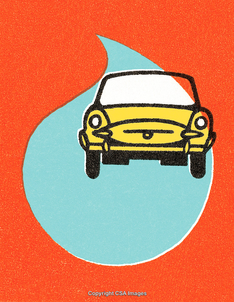 Retro Illustration of a Yellow Car on Red and Blue Background