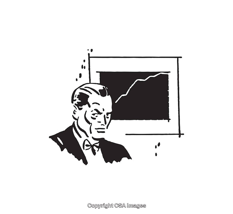 Retro Line Art Depicting Businessman with Graph Chart in Black and White