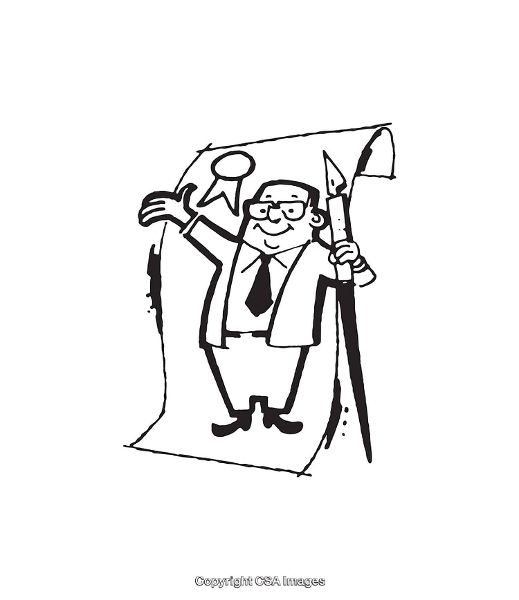 Illustration of a Happy Businessman Holding a Pen and Certificate Scroll
