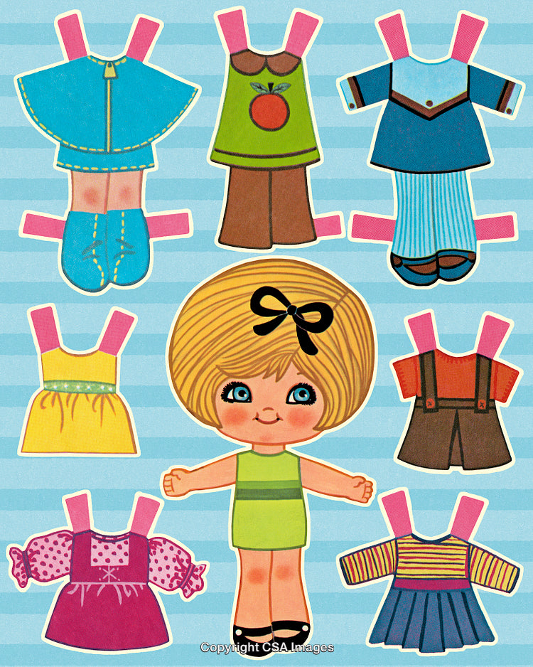 Vintage Paper Doll with Colorful Outfits on a Pastel Background