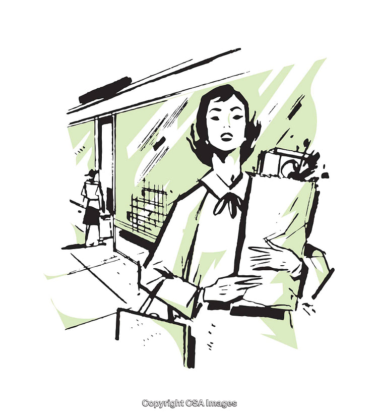 Retro Style Illustration of Woman Shopping with Bag of Groceries