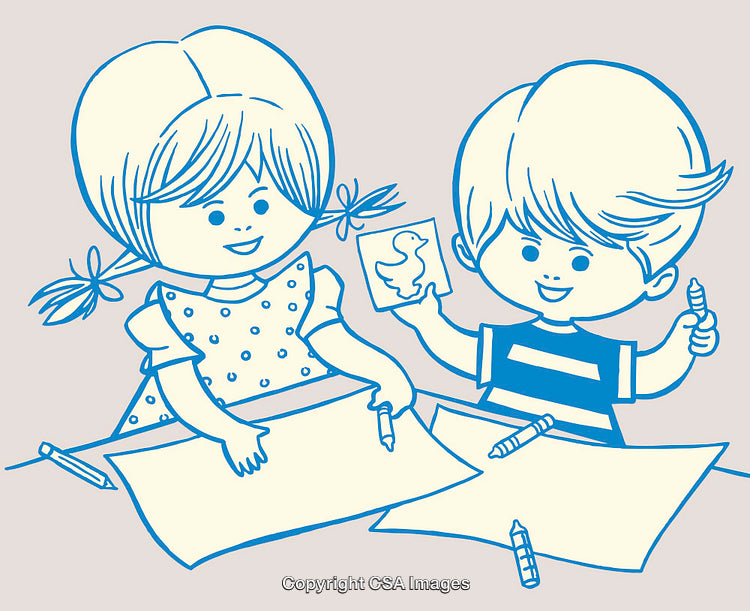 Illustration of Two Children Drawing Together with Crayons