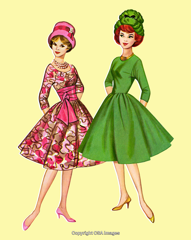 Elegant Vintage Fashion Illustration of Women in Stylish Dresses