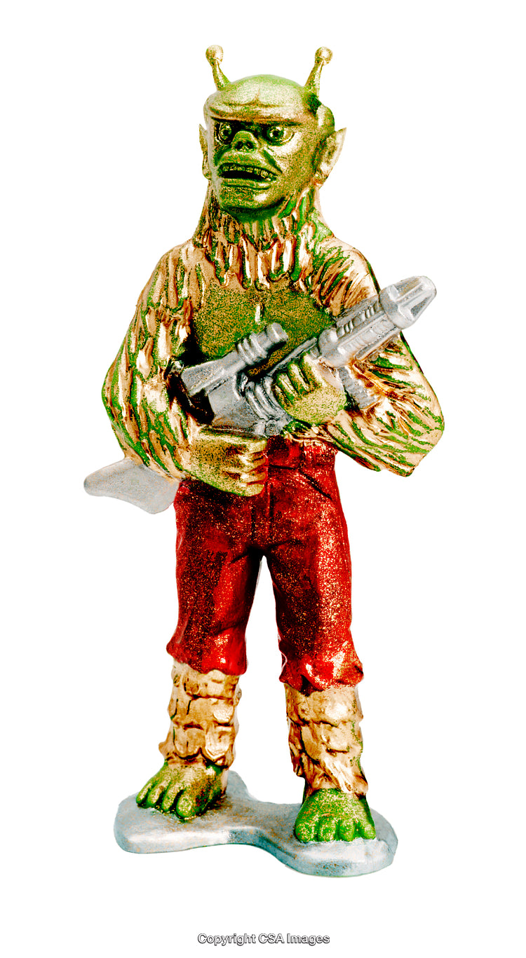 Colorful Retro Alien Figurine Holding Sci-Fi Weapon on White Background