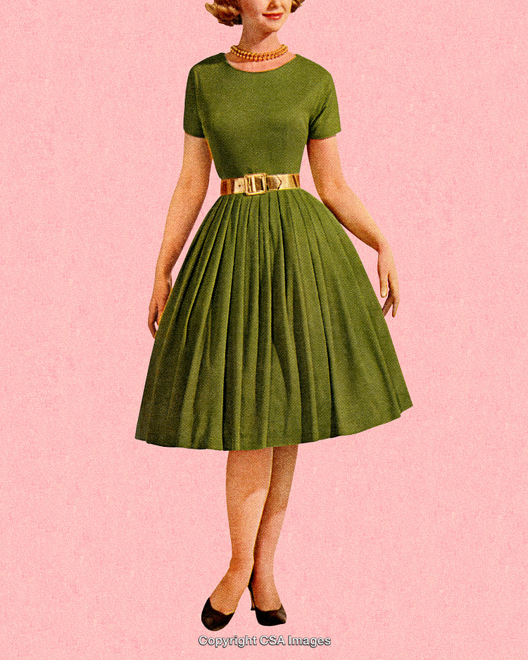 Vintage Illustration of Fashionable 1950s Dress on Pink Textured Background