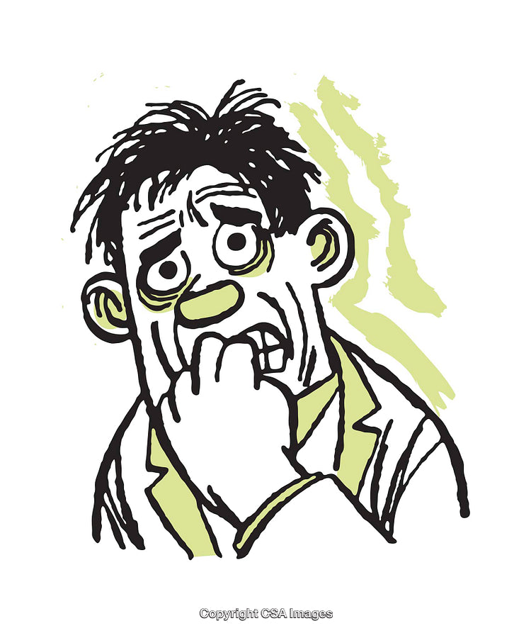 Color Illustration of an Anxious Man Biting Nails Depicting Worry and Stress