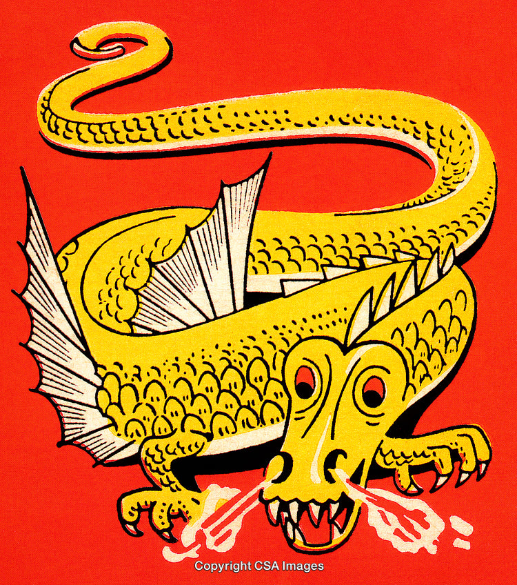 Vibrant Illustration of a Mythical Dragon with Fiery Background