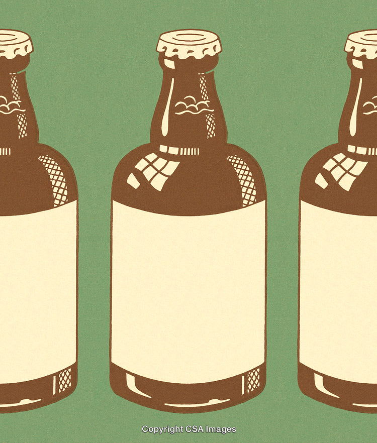 Vintage Illustration of Glass Bottles with Blank Labels on Green Background