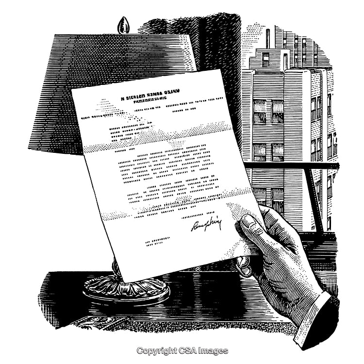 Elegant Black and White Engraving of a Hand Holding a Paper Document