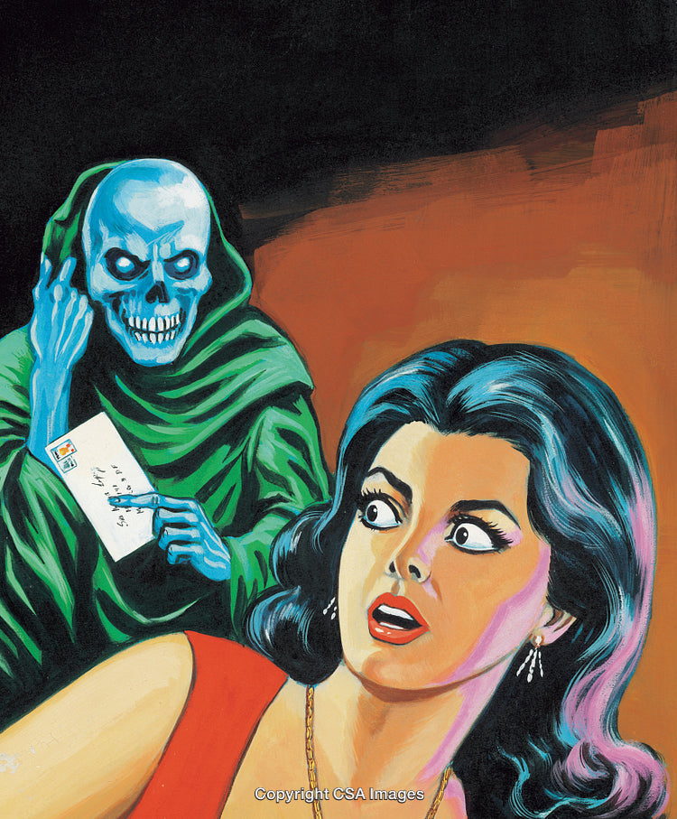 Blue Skull and Shocked Woman in a Suspenseful Retro Illustration