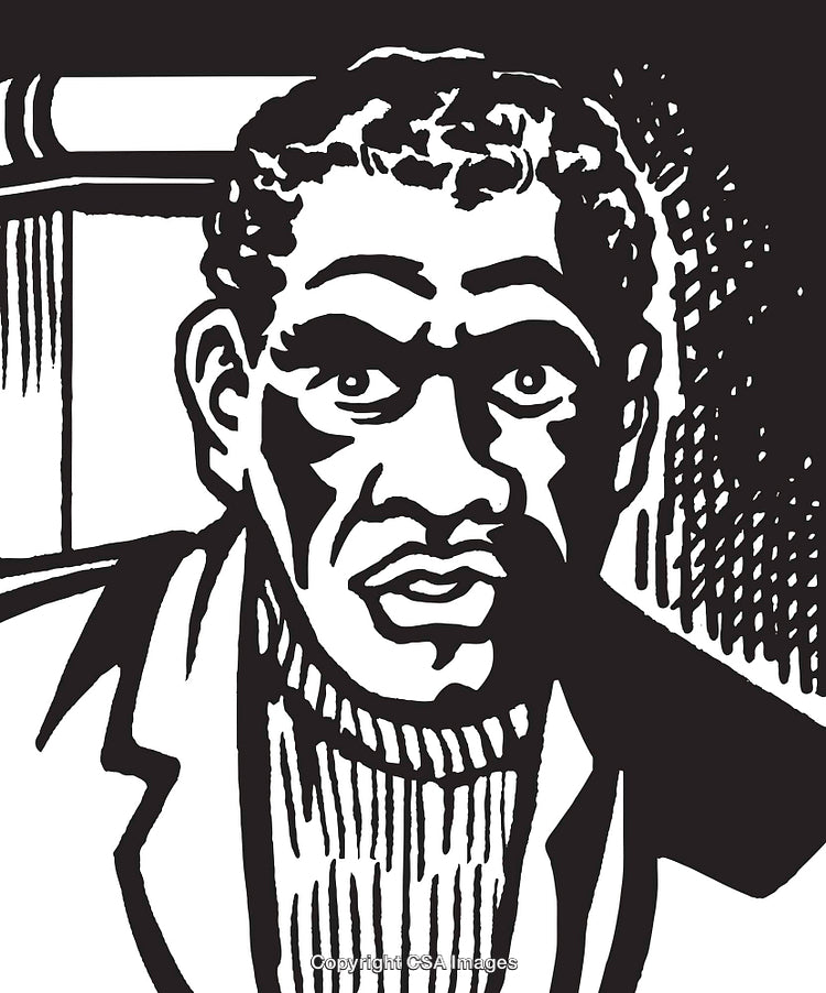 Black and White Illustration of a Man's Thoughtful Expression