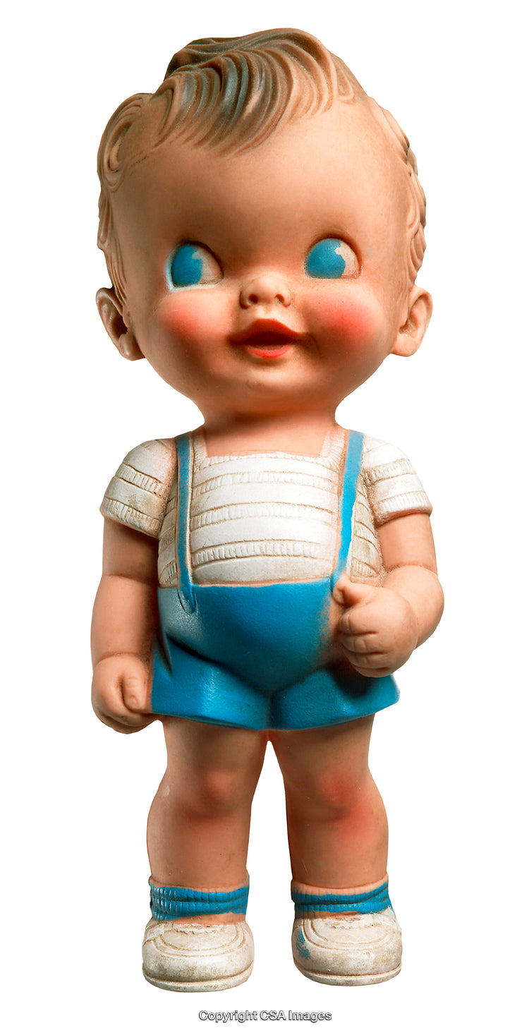 Vintage Toy Figurine of a Child Wearing Blue Overalls and White Shirt