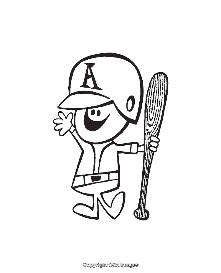 Cheerful Baseball Player Cartoon Holding Bat and Waving in Line Art Style