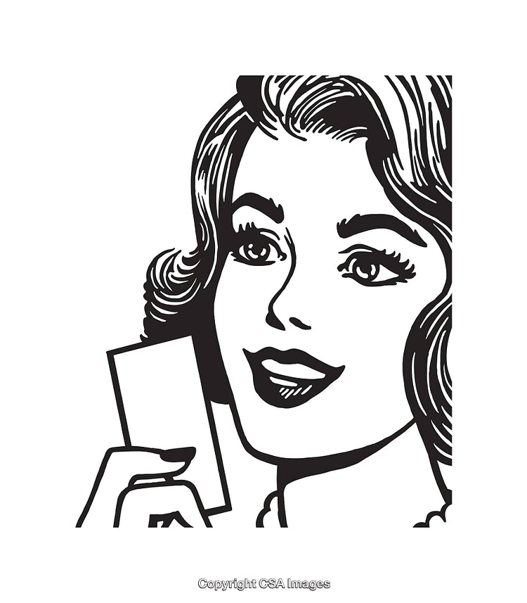 Retro Line Art Illustration of a Smiling Woman Holding a Blank Card