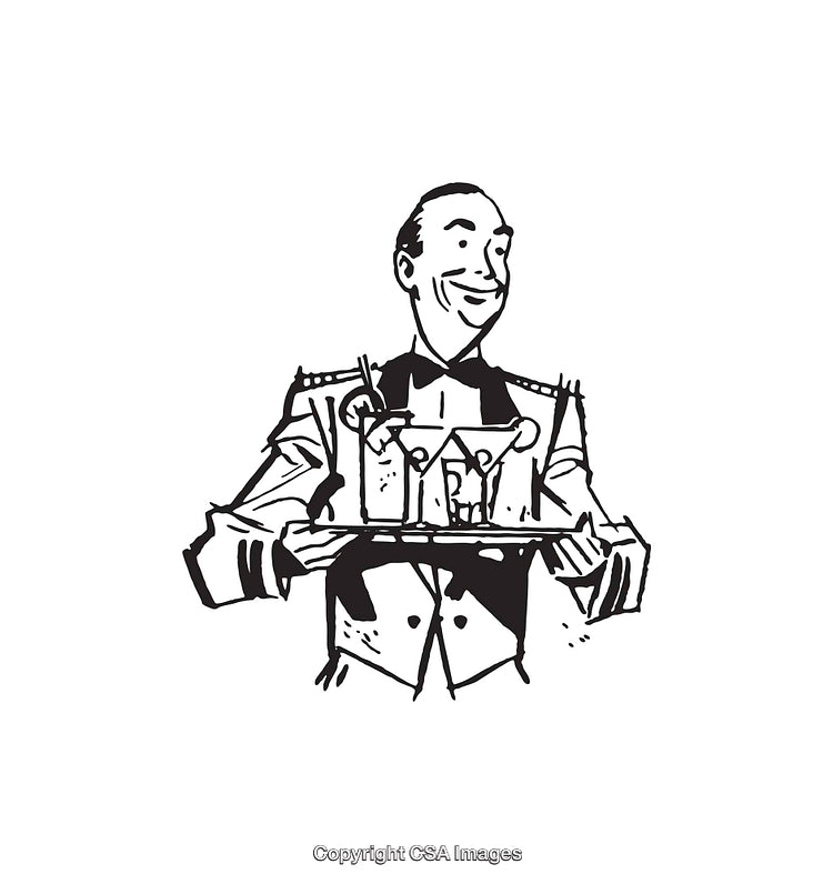 Vintage Black and White Illustration of a Waiter Serving Beverages