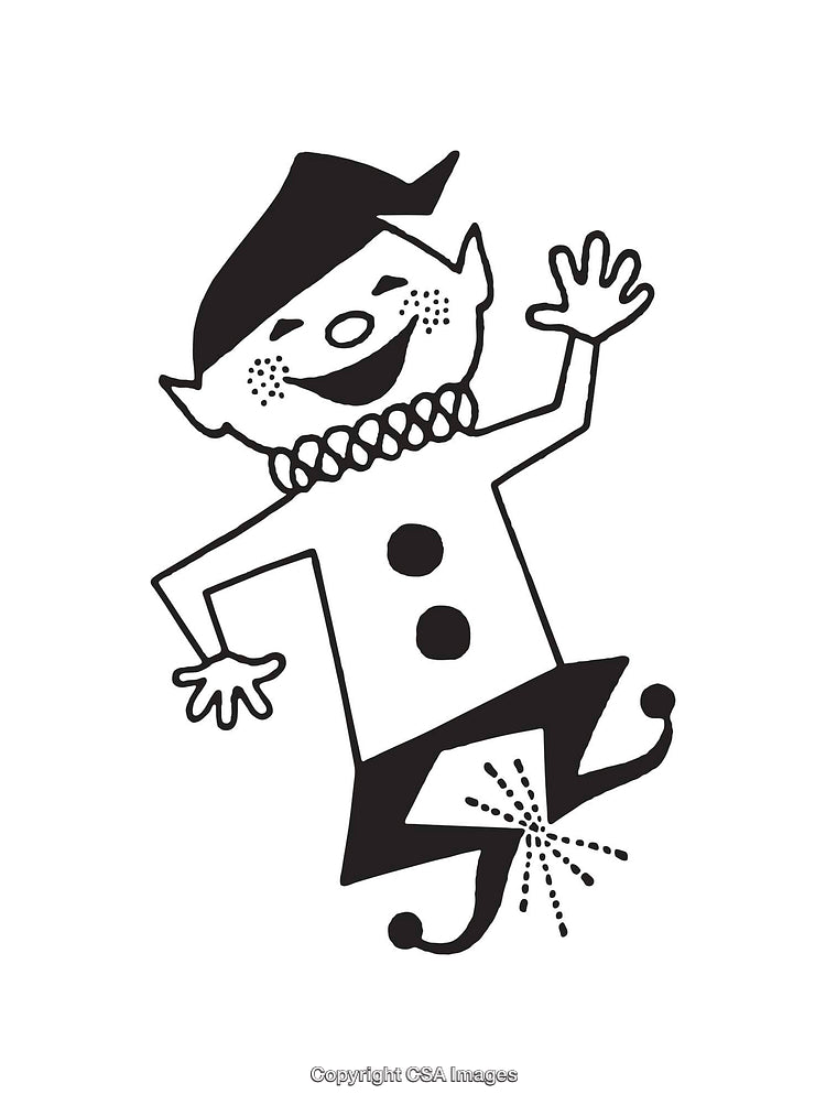 Playful Elf Black and White Line Art Illustration with Cheerful Expression