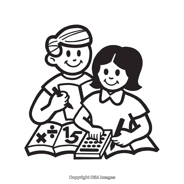 Black and White Illustration of Children Studying Together With Books and Calculator