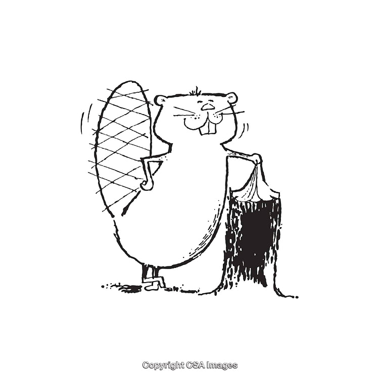 Whimsical Black and White Illustration of a Standing Beaver with Tree Stump