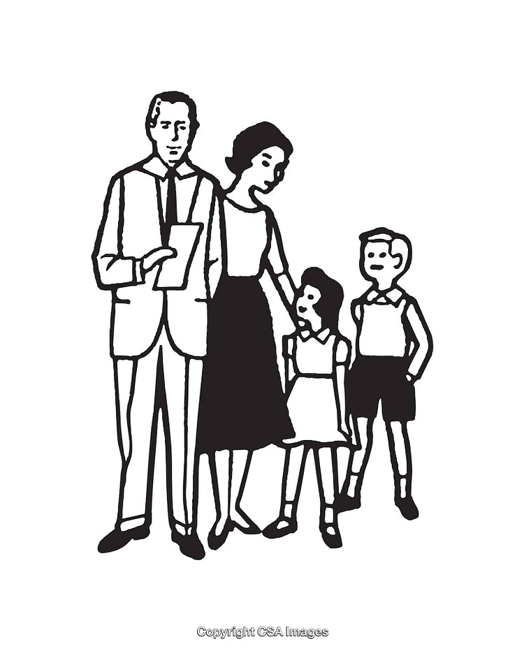 Black and White Illustration of a Family with Parents and Two Children