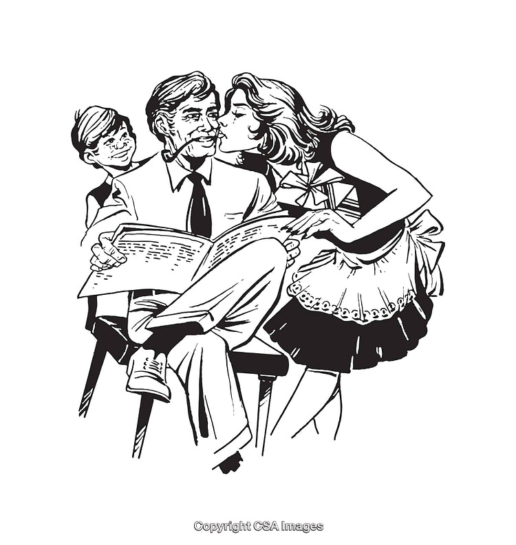 Retro Family Scene in Black-And-White Line Art Illustration