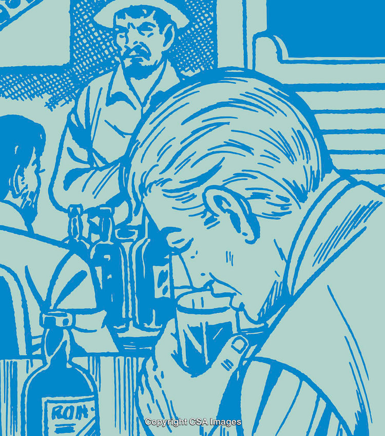 Vintage Illustration Depicting Men at a Bar in Blue Artwork Style