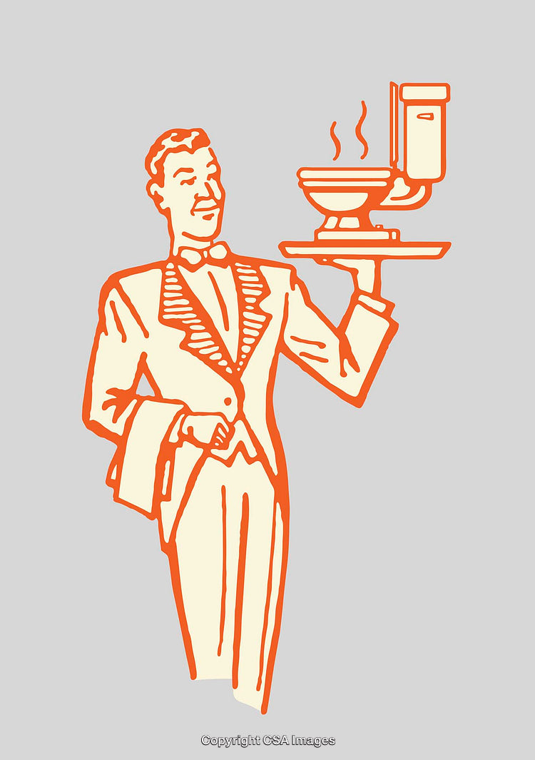 Vintage Styled Illustration of a Waiter Serving Food in Line Art Style