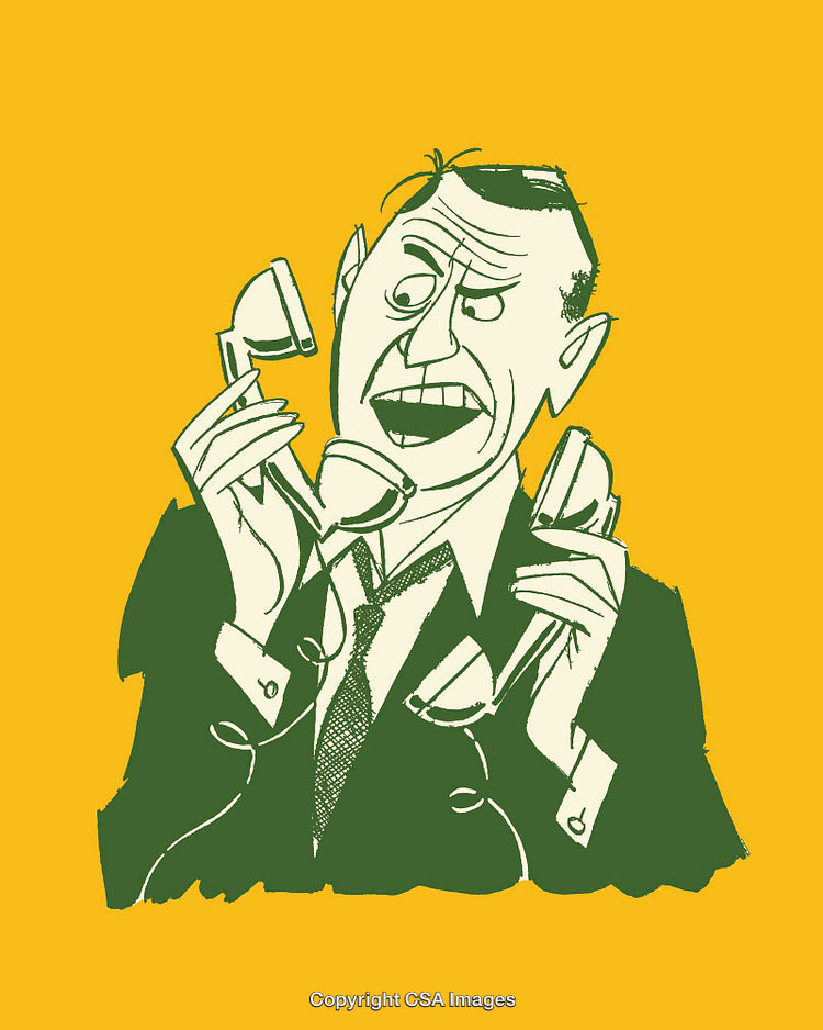 Cartoon Businessman Juggling Multiple Telephones in a Colorful Illustration