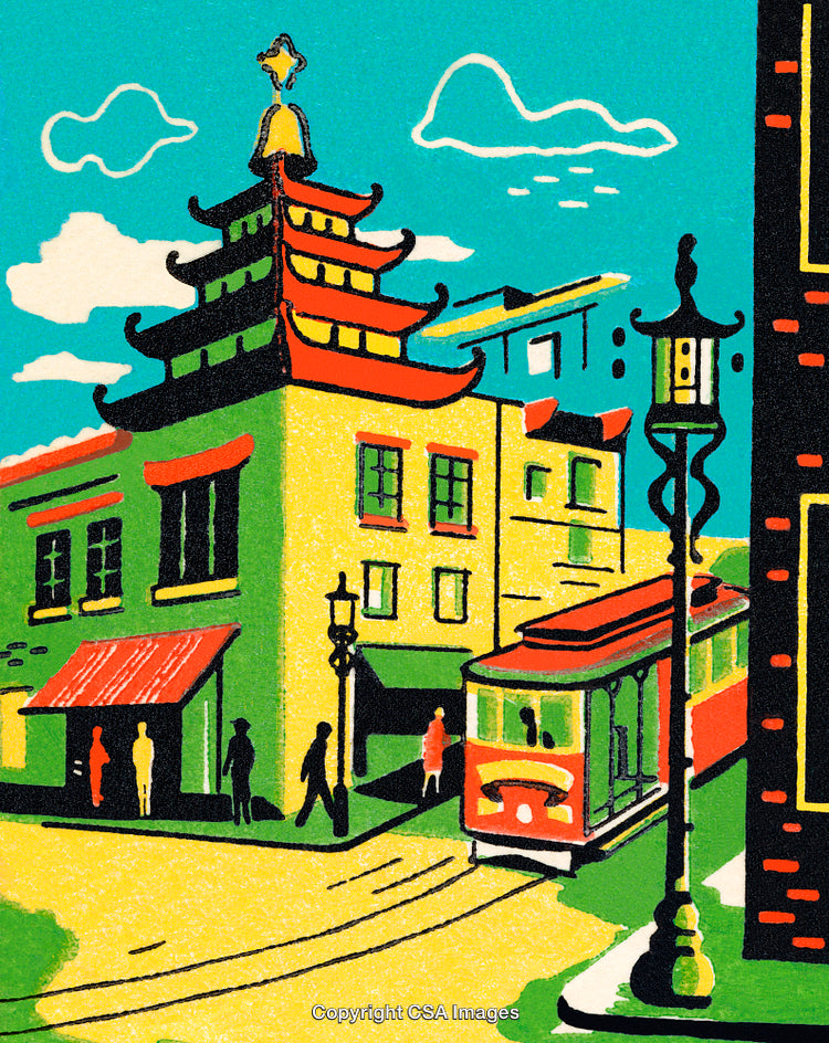 Colorful Urban Street Scene with Pagoda and Nostalgic Tram Illustration