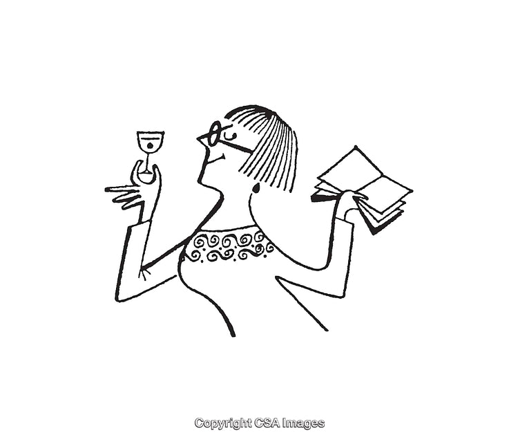 Black and White Line Art Illustration of Woman With Book and Glass